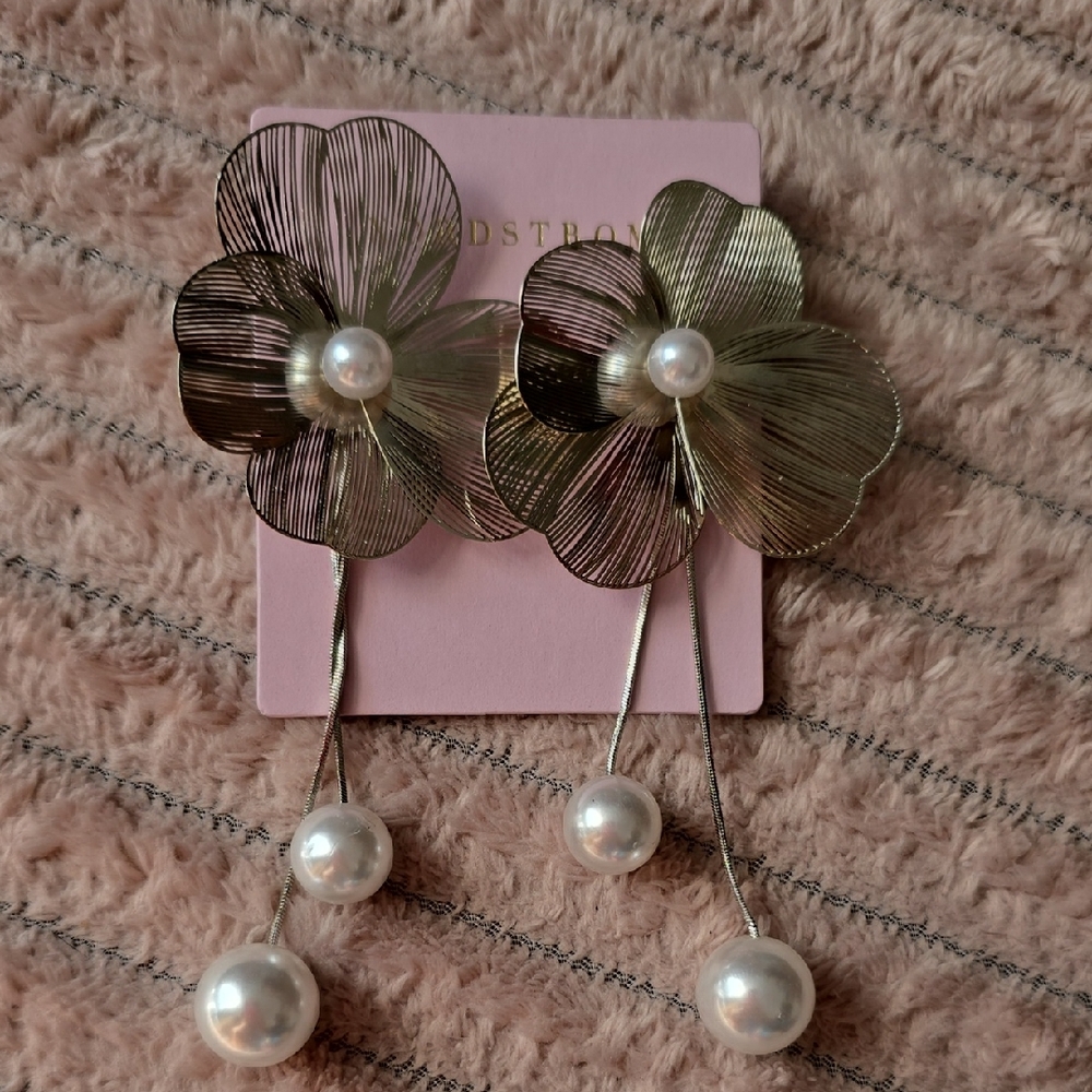 Elegant Silver Floral Pearl Drop Earrings
